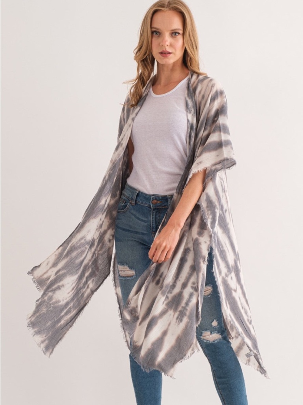 Raj Imports Boho Carol Smoke Tie-Dye Open Front Kimono - Gray & Cream